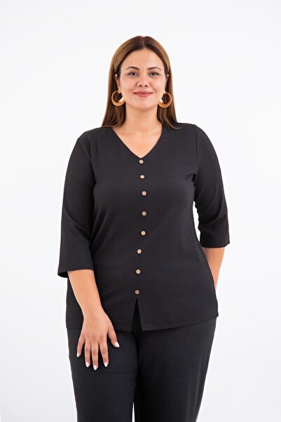 Roxxlen 112251002 Bluză neagră cu mâneci trunghiulare pentru femei de mărime mare