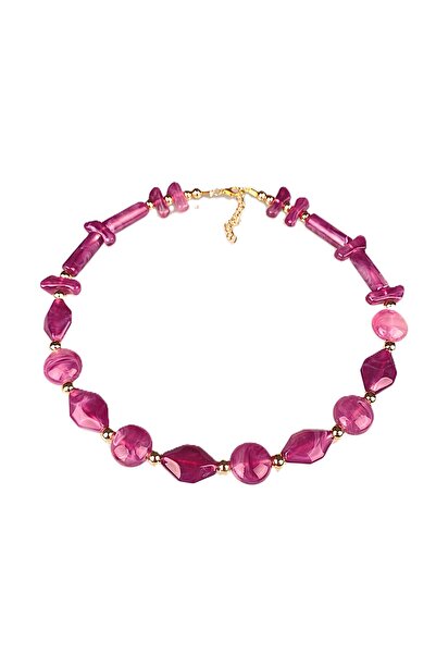 Furtek Aksesuar Plum Beaded Gold Detail Patterned Women's Necklace 45 cm Trendy Colorful Acrylic Shiny