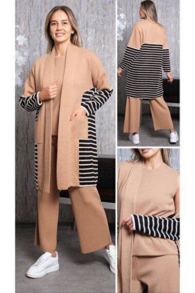 Cannes Beige Color Pants and Cardigan 3 Piece Set