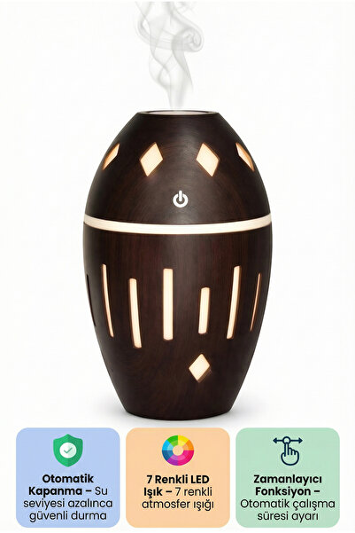 VOOKA Ahşap Tasarımlı Aroma Difüzör RGB LED Ortam Işıklı Sessiz Otomatik Kapa...