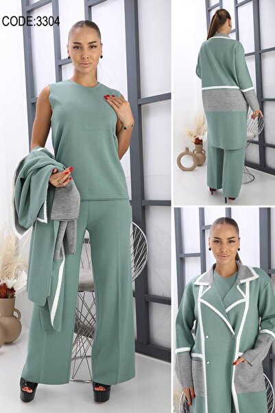 Cannes Mint Green Color 3 Piece Set with Pants and Cardigan