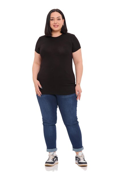 DISENTIS MODEST Büyük Beden Bisiklet Yaka Kısa Kollu Viskon Siyah Body