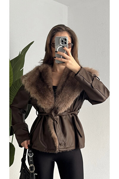 asfamoda Women's Brown Belted Fur Collar Leather Jacket Winter