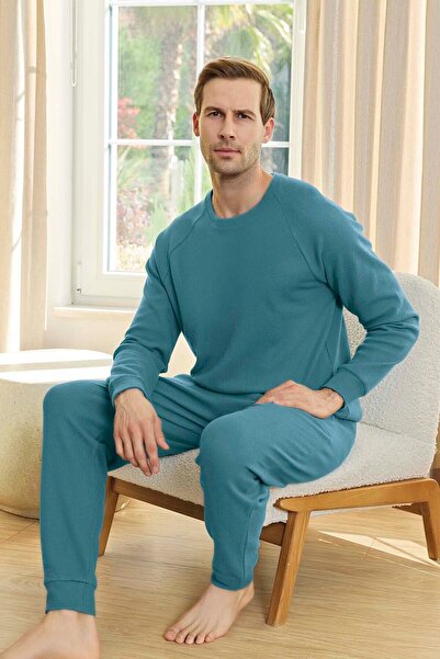 Aydoğan Men's Waffle Long Sleeve Pajama Set 250647 Petrol01