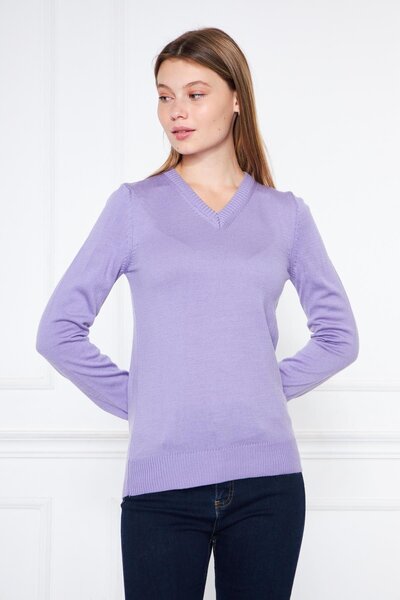 Miss Poem V-Neck Basic Women's Lilac Knitwear Sweater
