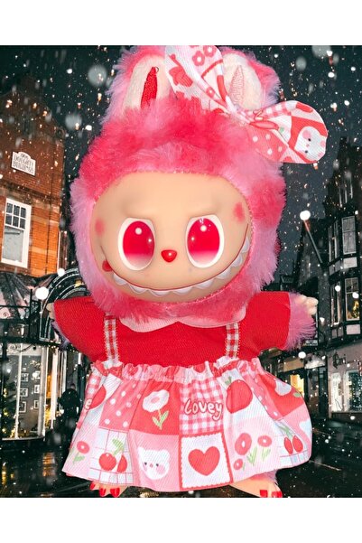 OEM Plush toy keychain - Labubu type - 15 cm - dressed in a colorful dress - dark pink