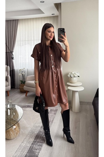 Miasista Çift Cep Detay Deri Elbise