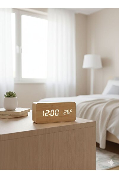 Duru Dijital Ahşap Görünümlü Sese Duyarlı Led Ekranlı Dijital Masa Saati Term...