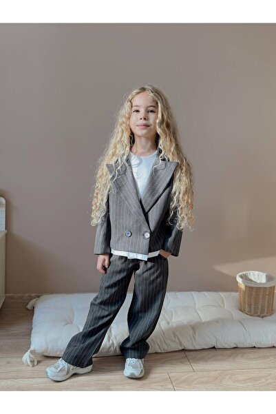 MİNİKO KİDS Girl's Polyviscon Striped Blazer 2-Piece Jacket Pants Woven Fabric Set