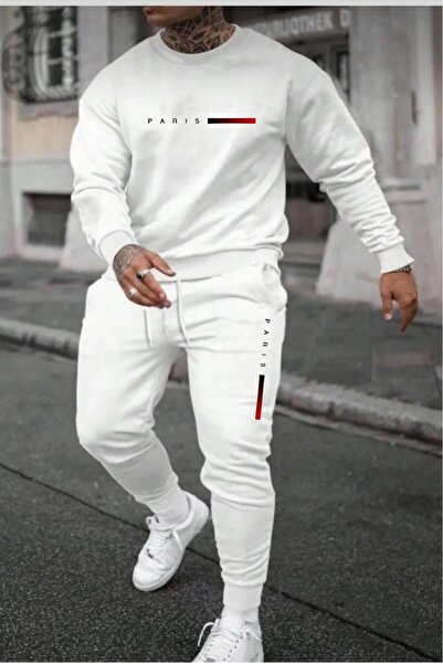 NO 601 Men's White Crew Neck Red Paris Printed White Sweatpants Set