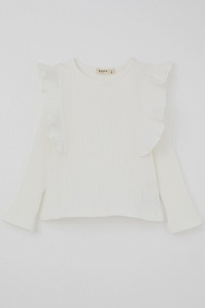 Breeze Tricou cu mânecă lungă pentru fetiță, cu detaliu de volan pe umeri, 3-7 ani, ecru