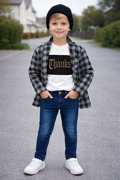 KOKOŞ BEBEK Boy's Thanks Printed T-Shirt Jean Pants Plaid Jacket 3-Piece Combination