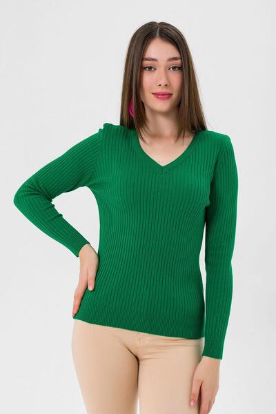 Miss Poem Women's V-Neck Slim Fit Ribbed Long Winter Green Knitwear Sweater