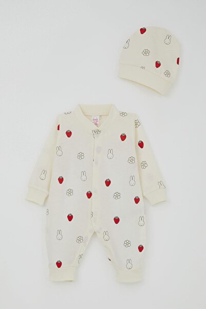 Breeze Baby Girl Romper Cute Bunny & Strawberry Patterned 0-6 Months, Ecru
