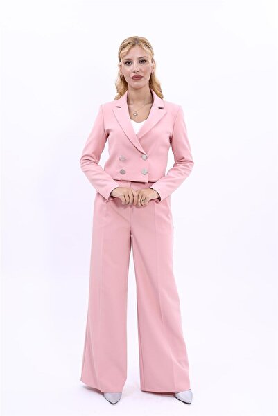 ÖNDER ÖZSOY Buttoned Mini Double-Breasted Jacket & High Waist Pleated Palazzo...