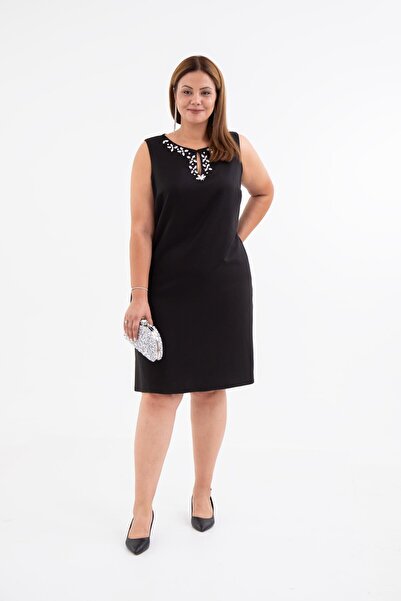 Roxxlen 3330560 Rochie neagră fără mâneci cu detaliu de piatră pentru femei de mărime mare