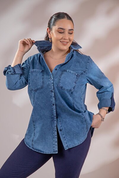 Roxxlen 1222506 Γυναικείο τζιν πουκάμισο μεγάλου μεγέθους με λεπτομέρεια τσέπ...