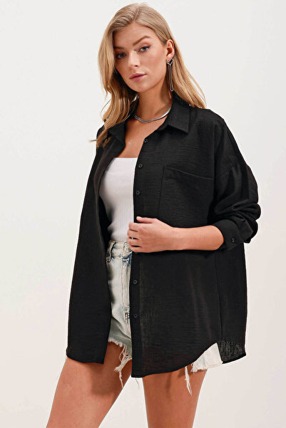 Bigdart Single Pocket Oversized Linen Black Women's Shirt 20153