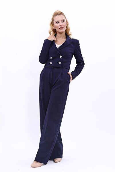 ÖNDER ÖZSOY Buttoned Mini Double-Breasted Jacket & High Waist Pleated Palazzo...