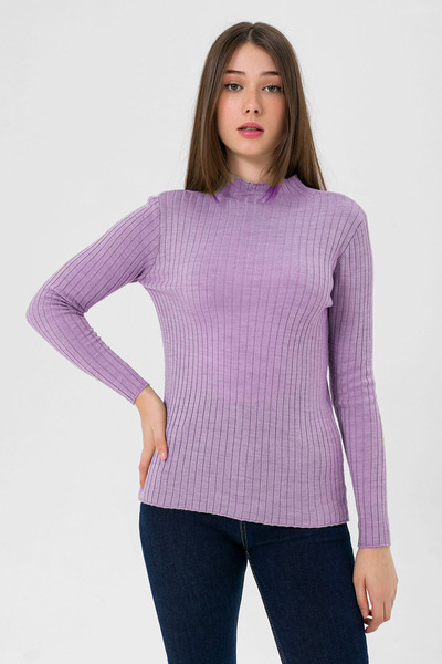 Miss Poem Half Turtleneck Corded Fabric Women's Basic Lilac Knitwear Sweater