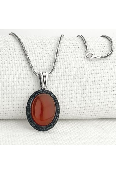vogutima Erkek Gümüş Kolye - Kırmızı Akik Taşlı 925 Ayar Gümüş Sevgiliye,Eşe,...
