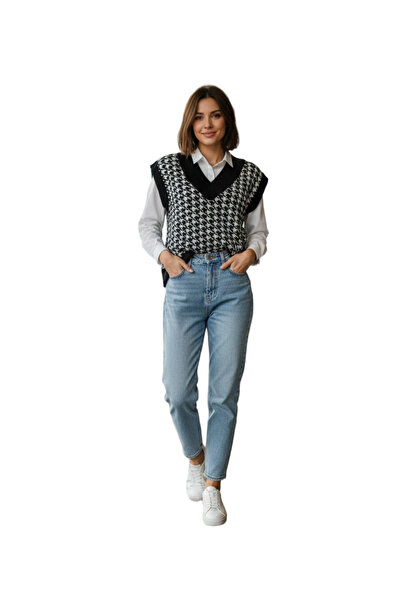 Loopa Kadın Kazayağı Desenli Triko Süvater