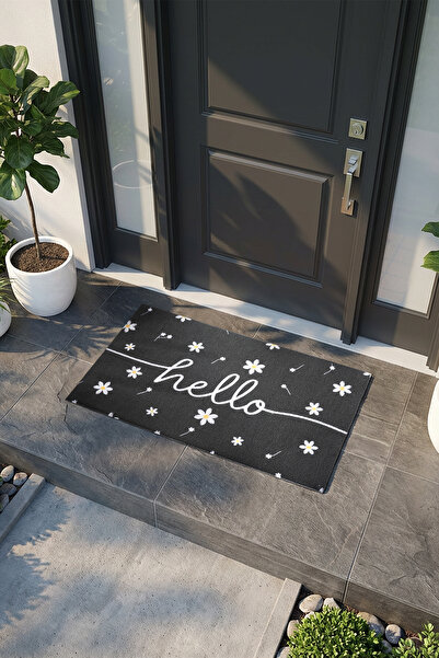VİTALİHOME Charm Siyah Beyaz Hello Paspas Dış Kapı Paspası Kıl Kapı Önü Paspa...