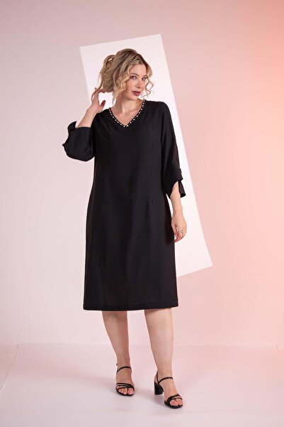 Roxxlen 121991 Rochie neagră cu mâneci cu guler, mărime mare, pentru femei