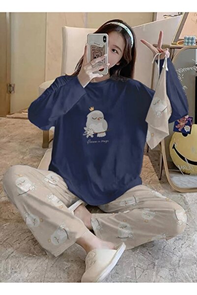 Silona Homewear Bahd Owl7 Believe in Magic Navy Süpersoft Kadın Pijama Takımı
