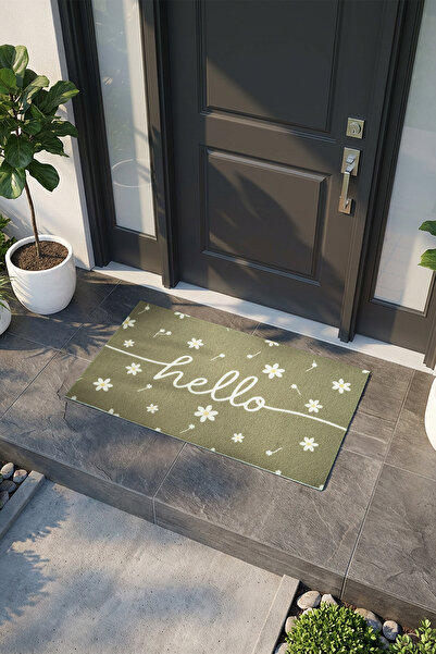 VİTALİHOME Charm Haki Beyaz Hello Paspas Dış Kapı Paspası Kıl Kapı Önü Paspas...