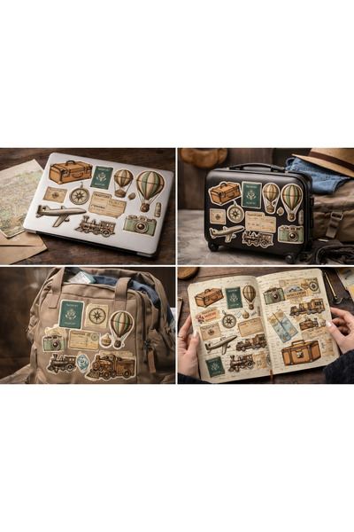 Limitless Design Vintage Travel Sticker Set 25X20 cm – Passport, Airplane, Train & Exploration Themed Decorative Stickers