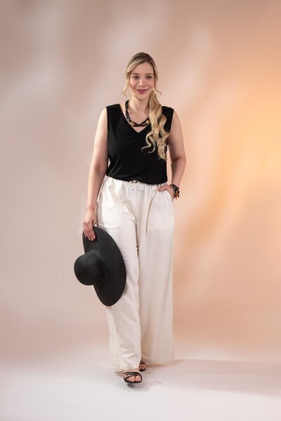 Roxxlen 1112074 Women's Plus Size Beige Pocketed Linen Trousers