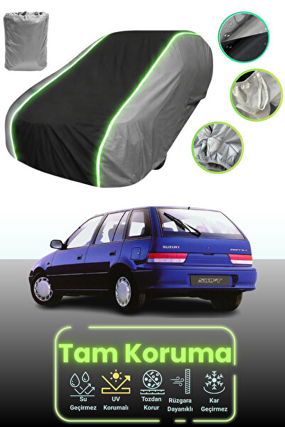 Dokaca Neo غطاء حماية للسيارة باللون الرمادي والأسود والرمادي النيون قماش مجدّل سوزوكي سويفت 5 أبواب 1996 - 2002 متوافق مع غطاء حماية السيارة
