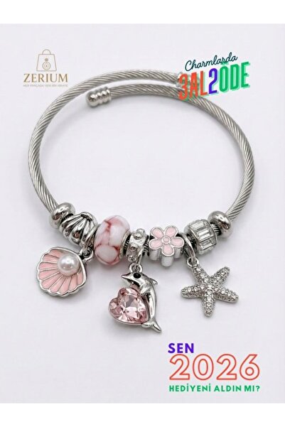 ZERİUM Modern Steel Stylish Women's Charm Bracelet Dolphin Fish and Oyster