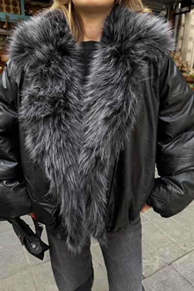 Lavanta Tekstil Leather-Look Design Coat with Fur Collar