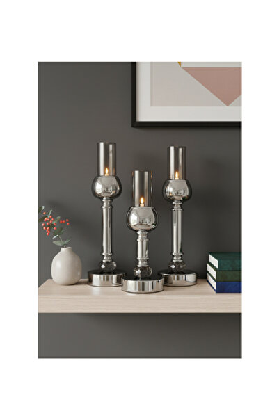 Flower Toys Şamdan Mumluk Dekoratif 3'lü Şamdan Cam Pirinç Detaylı Şık Obje