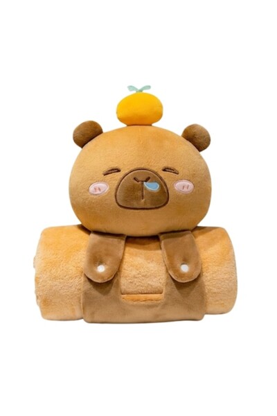 ECARLA 2-in-1 Set: Capybara Pillow and Soft Flannel Blanket, 100x170 cm, Ultra-Soft Material, Brown