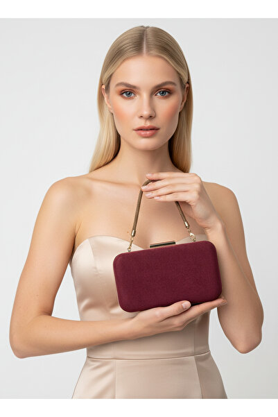 Biçanta Geantă de seară pentru femei, din piele intoarsa de lux, cu mâner cu lanț, auriu burgundy, nuntă, logodna, absolvire