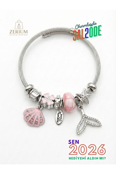 ZERİUM Modern Steel Stylish Women's Charm Bracelet Fish Tail and Oyster