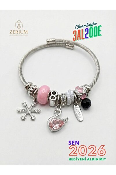 ZERİUM Modern Steel Stylish Women's Charm Bracelet Winter Swan Tale