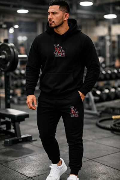 DEEPSENCE Men's Black Hooded Tracksuit Set La Printed