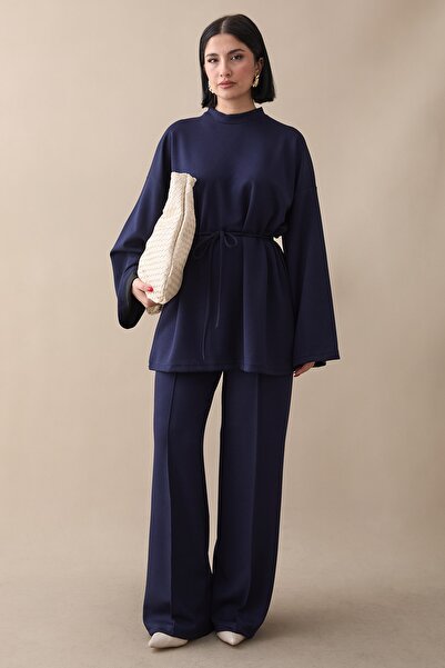 InStyle Navy Blue Modal Suit with Piping Pants and Belt