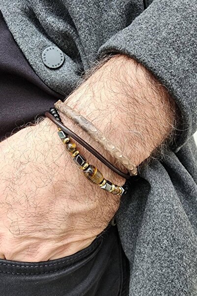 OSESHOP Handcrafted Original Leather Men's Bracelet with Natural Tiger's Eye ...