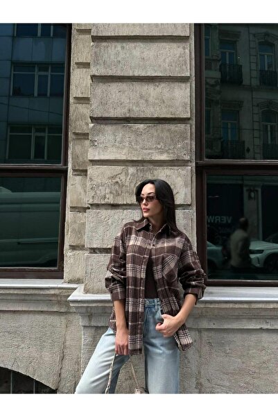 Ecenin Favorileri Kahverengi Desenli Oduncu Kadın Gömlek