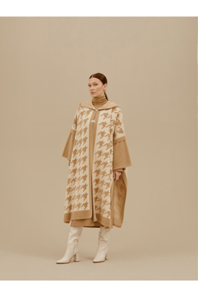 Uludağ Triko Women's Mink Bone Houndstooth Patterned Poncho