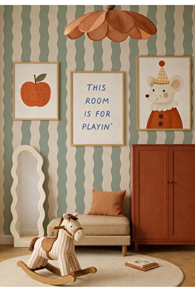 Tasarım Yeşil Eğimli Şeritler Bohem Tarz Soft Pastel Konsept Bebek & Çocuk Odası Duvar Kağıdı