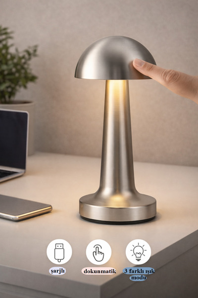 BONOVE Mantar Masa Lambası Gümüş Renk Kablosuz Ledli 3 renk Dokunmatik Şarjlı...