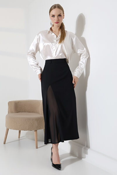 lubiti Women's Long Fabric Skirt with Tulle Slit Detail