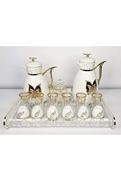 Damanhoor 22Pieces Arabic Tea Coffee Set with 1Tray 2Pieces White Gold Thermos 6Cawa Cups 6Tea Cups