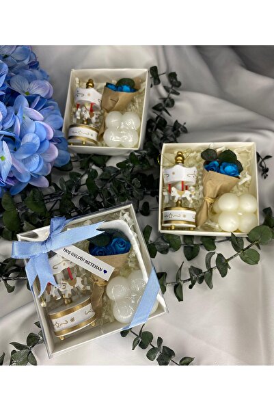 JUST DREAM Hoşgeldin Erkek Bebek Doğum Baby Shower Hediyesi Atlı Karınca Mini Buket ve Mum Hediyelik 10 adet